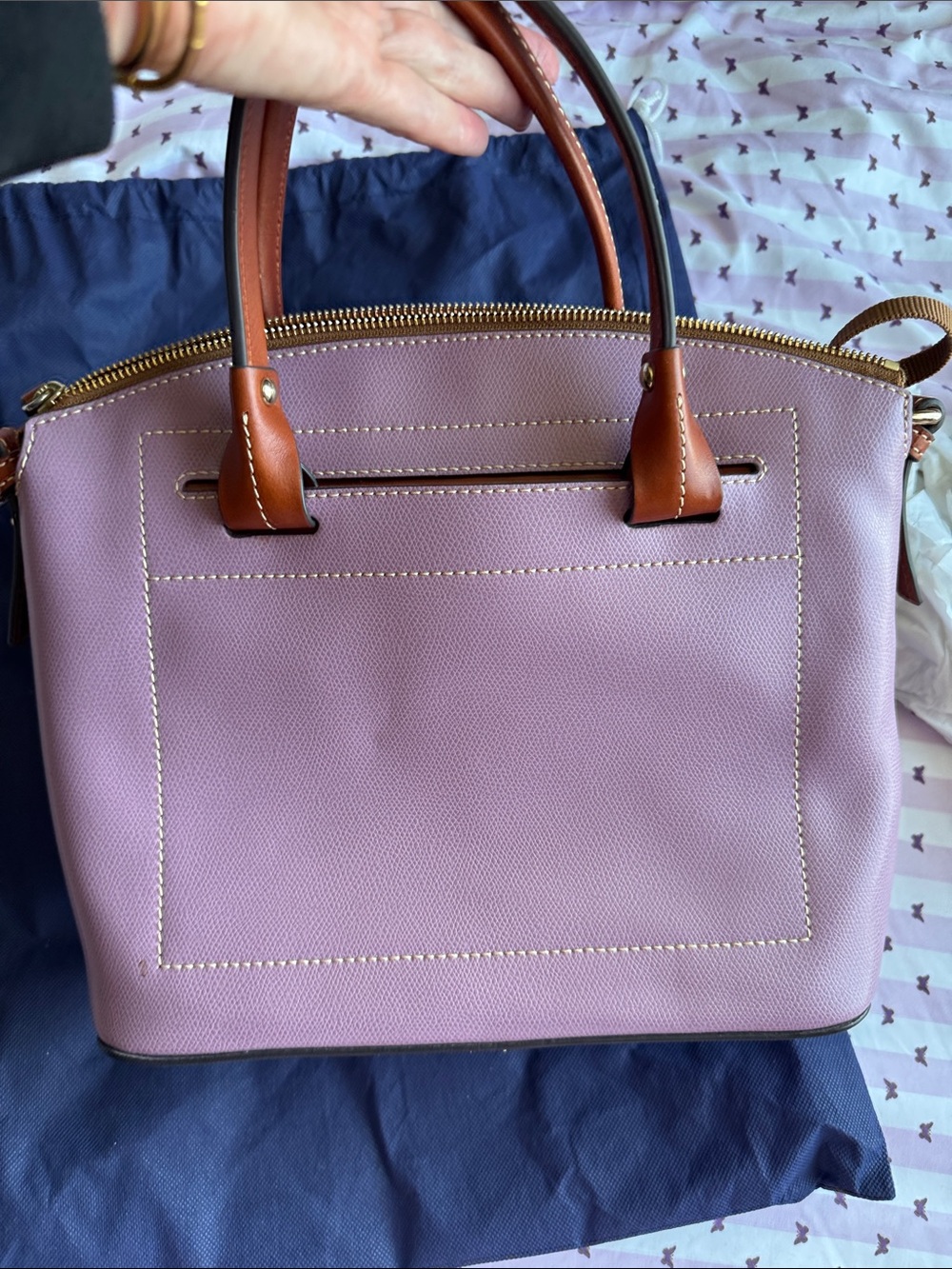 Dooney & Bourke Lavender Satchel with Brown Trim and Gold Plaque - Picture 3 of 5